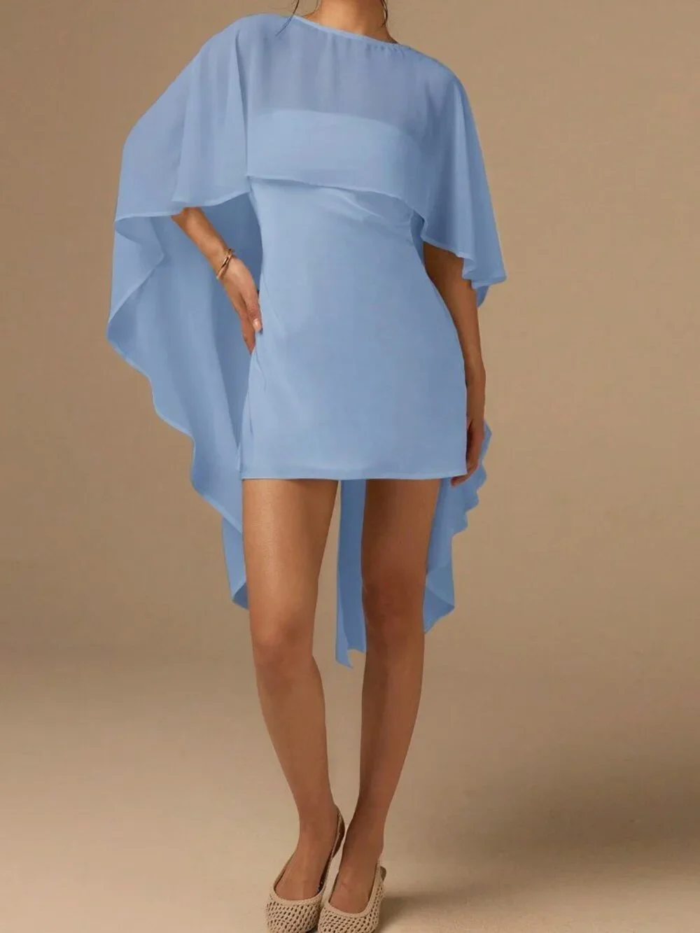 Baby Blue Satin Bias-Cut Women's Mini Dress with Cape Shawl - Picture 3 of 7
